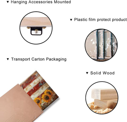 LASMOND Country Highland Cow Wall Art for Living Room Rustic Retro Vintage American Flag Sunflower Canvas Painting Prints Highland Cattle Artwork Farmhouse Bedroom Office Decor (58x28 Inches)