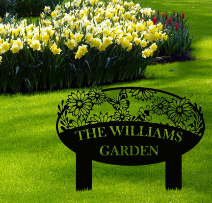 Custom Metal Garden Sign, Flower Sign with Stakes, Personalized Garden Decor for Outside, Garden Family Name Sign, Outdoor Steel Yard Sign, Large Patio Garden Sign Art, Housewarming Gift