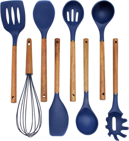 Country Kitchen Non Stick Silicone Utensil Set with Rounded Wood Handles for Cooking and Baking, 8 Piece Set, Navy