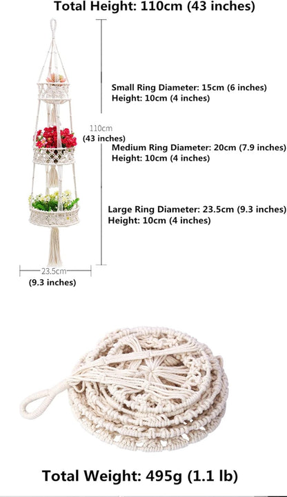 Pony River Hanging Fruit Basket, 3 Tier Cotton Macrame Produce Basket for Kitchen, Indoor Planter Hangers.