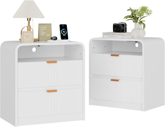 FURSUN 24" Fluted Nightstand Set of 2 with Charging Station, Wooden End Table with 2 Drawers Storage, Curved Profile Design, Modern Bedside Cabinet for Bedroom Living Room, White