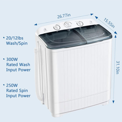 Portable Mini Twin Tub 32lbs Washing Machine With Drying Rack& 10 Hangers, 20lbs Washer & 12lbs Spinner, Small Laundry Washer with Time Control for Camping, Apartments, RV (32lbs)