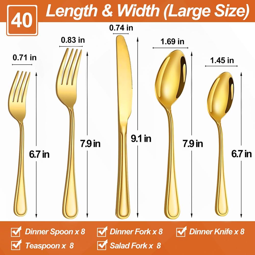 40 Pcs Gold Silverware Set for 8 with Simple Striped Handle Design, Food Grade Stainless Steel Flatware Set, Eating Utensils Sets Include Fork/Knife/Spoon, Cutlery Set, Dishwasher Safe