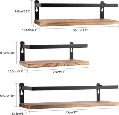 Floating Shelves Rustic Wood Wall Mounted Shelf Practical Metal Fence Design Ideal for Bedroom, Bathroom, Kitchen Set of 3(Carbonized Black)