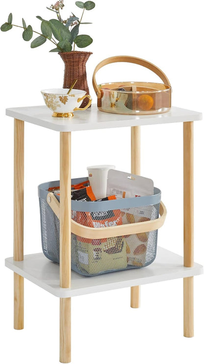 IBUYKE 2-Tier Side Table, Solid Wood Tall End Table with Storage Shelves, Nightstand Bedside Table for Living Room Bedroom Office, No-Tool Assembly, White UWST002W