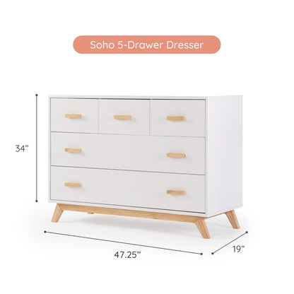 dadada Soho 5-Drawer Dresser for Nursery and Bedroom - Modern Design, Large Storage, Baby-Safe Finish, Soft Close Drawers, Anti-Tip Safety, Sturdy Legs & Solid Wood Handles, 47” Wide (White+Natural)