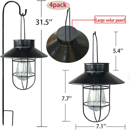 4 Pack Hanging Solar Lantern Lights with Shepherd Hook, Metal Waterproof Warm White Edison Bulb Lights for Garden Outdoor Pathway