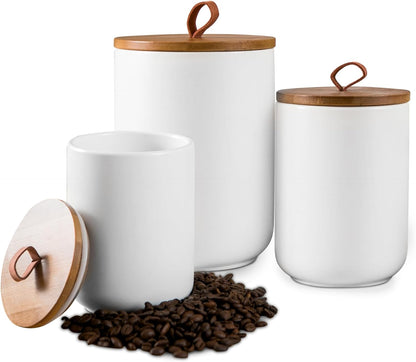 White Canister Sets for Kitchen, 3pcs Ceramic Canisters with Airtight Wooden Lid, Food Storage Jar, Large Kitchen Storage Containers for Serving Coffee Beans, Tea, Sugar, Salt, Spices