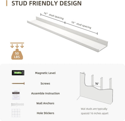 Picture Ledge Shelf, Wood Floating Shelves Set of 2, 36 inch Picture Ledge Shelves, Photo Ledge Nursery Book Shelves Wall Mounted for Living Room Kids' Room Bedroom, Color White