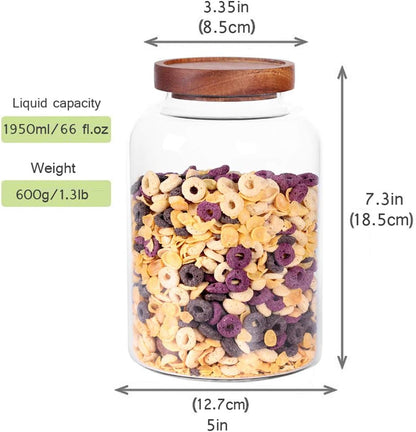 Thicken Glass Storage Jar, Food Storage Container/Canisters with Airtight Wooden Lid for Tea, Coffee, Honey, Cacao Powder,BPA Free Perfect as a Cereal Dispenser (7.6inch 2pcs)