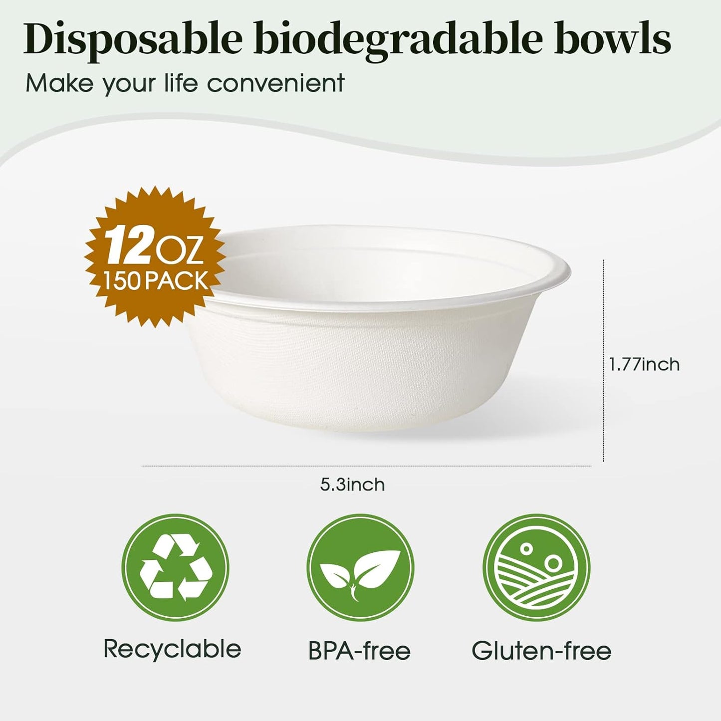 ECOLipak 150 Pack 12 oz Paper Bowls Disposable, Heavy-Duty Biodegradable Compostable Bowls Made of Natural Sugarcane Bagasse, Suitable for Salad, Dessert, Milk, Cereals