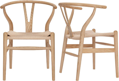 Tomile Solid Wood Wishbone Chair Y Chair Mid-Century Armrest Dining Chair, Hemp Seat (Ash Natural, Pack of 2)