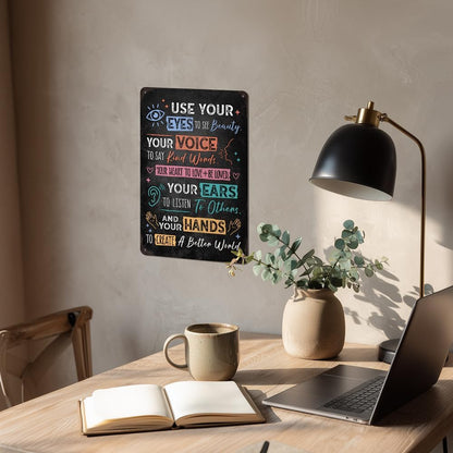 Heuhuww Vintage Positive Energy Wall Decor-Use Your Eyes To See Beauty Your Voice To Say Kind Words Metal Sign for Home Classroom Cafes Bedroom Positive Energy Gifts 8"x12"(H26)