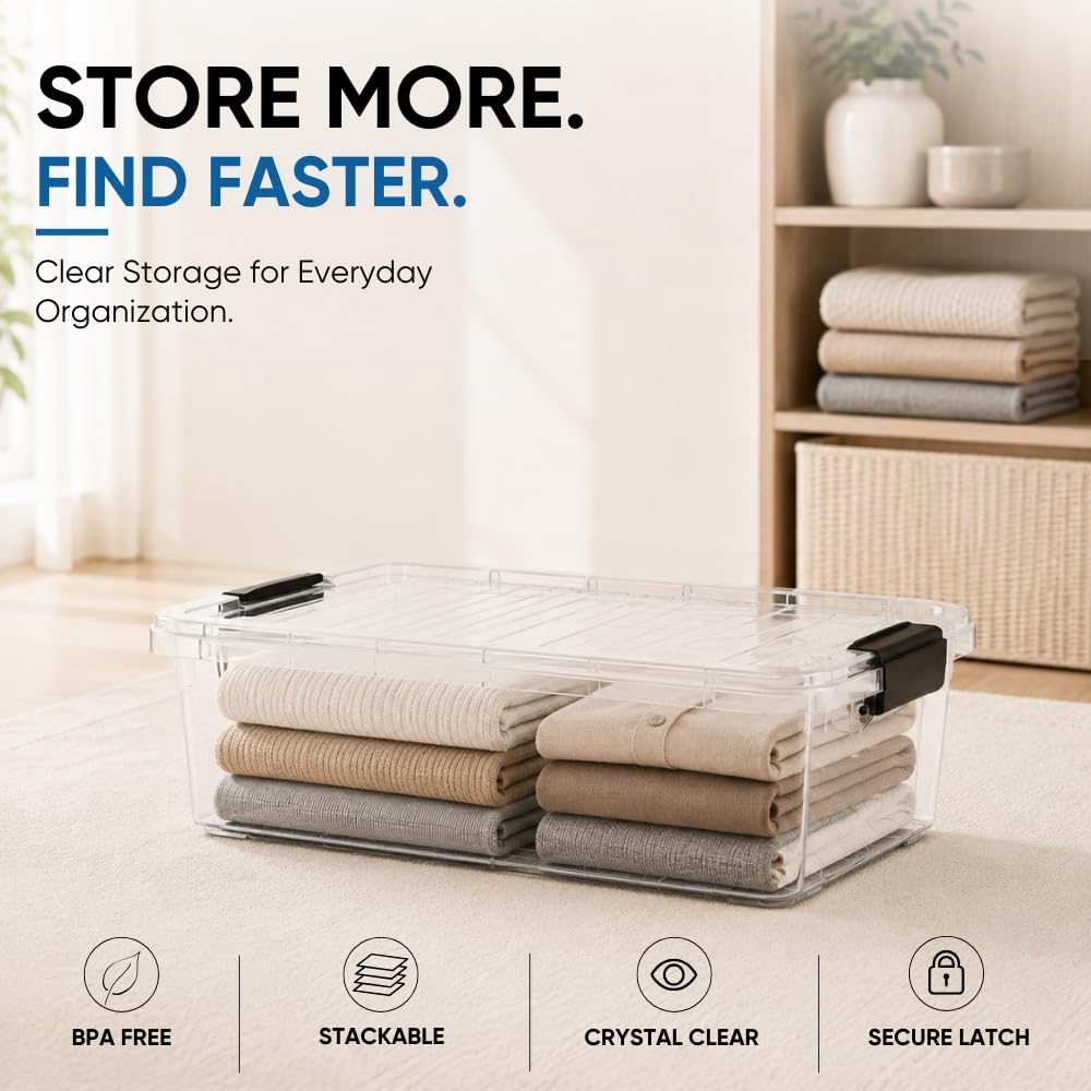 Superio Clear Storage Box with Lid, 13.7 Qt Plastic Container Bins for Organizing, Stackable