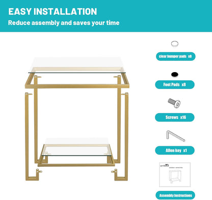 2 Tier Rectangular Side Table, Gold End Table with Glass Top, Modern Metal Clear Coffee Table，Small Accent Table for Living Room, Bedroom, 22" x 12.4" x 24"