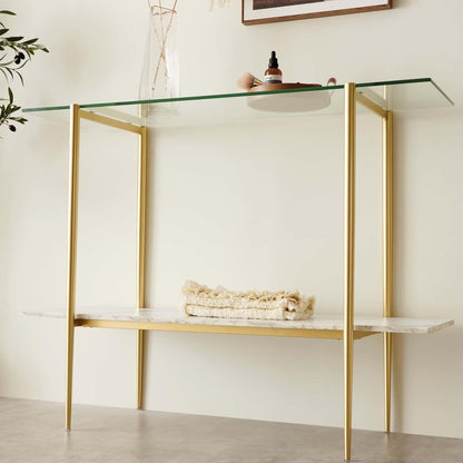 Glass Console Table for Living Room, Foyer & Entrance, 2-Tiers Mid-Century Modern Sofa Table with Clear Glass Top, White Marble Finish Wood Shelf and Gold Finish Frame