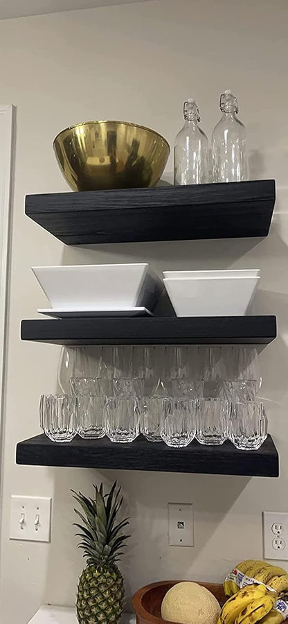 Joel's Antiques - 24 Inch Wooden Floating Shelves for Wall - Made of Natural Wood - Short Heavy Duty Rustic Wall Shelves for Bedroom - Perfect for Bathroom, Kitchen - Black 24x12x2 Inches