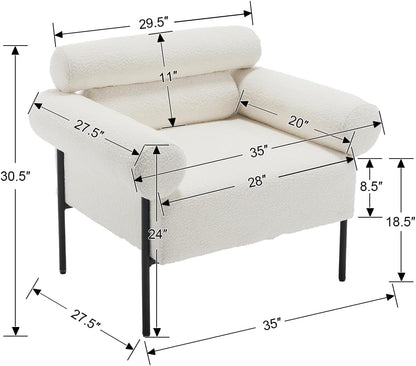 Modern Accent Chair, Boucle Sofa Accent Chair for Living Room, Upholstered Sherpa Mid-Century Modern Armchair, Oversized Reading Chair with Channel Tufted for Bedroom, Office, White