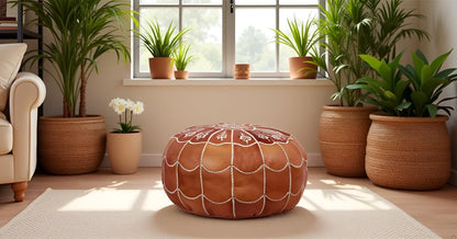 Stuffed Arch Design Moroccan Leather Pouf Ottoman, Handmade, Pre-Filled, 100% Genuine Leather, 14” Height x 22” Diameter – Boho Chic Footstool & Living Room Décor (Dark Tan)