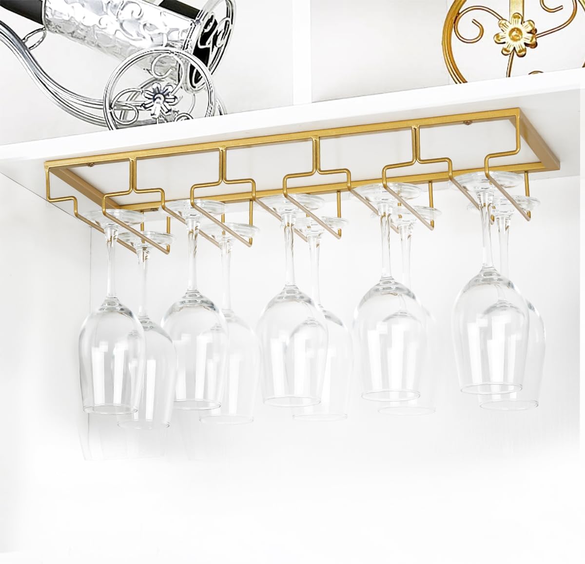 Wine Glass Rack - Under Cabinet Stemware Wine Glass Holder Glasses Storage Hanger 1 Pack Metal Organizer for Bar Kitchen 5 Rows Gold