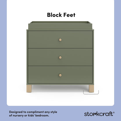 Storkcraft California 3-Drawer Chest with Removable Changing Topper (Olive with Driftwood) – GREENGUARD Gold Certified, Interlocking Drawer System, Pre-Installed Tracks, Easy Assembly