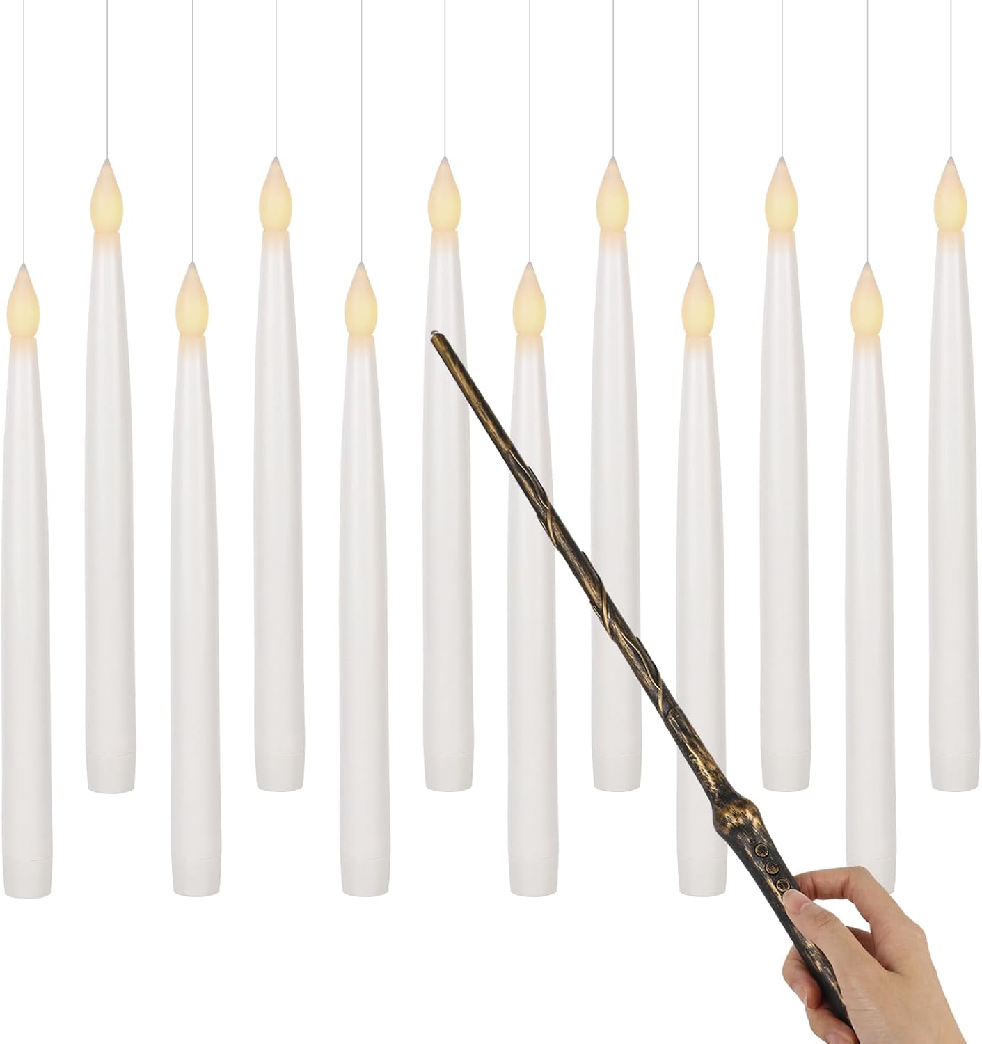 GenSwin 10.8" Floating Candles with Magic Wand Remote Timer, Flameless Taper Candles Flickering Battery Operated, LED Electric Hanging Window Candle Christmas Halloween Decorations(12 Pack, White)