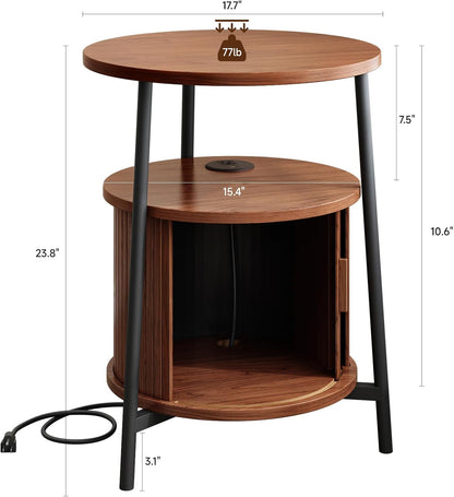 Round Side Table with Storage, Fluted Nightstand with Charging Station, Small Mid-Century Modern Bedside Tables, Walnut End Tables for Small Space Living Room Bedroom Sofa Couch