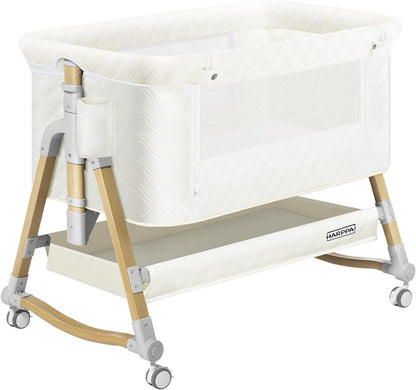 HARPPA Cuddly Bassinet, 3 in 1 Baby Bassinet Bedside Sleeper, Bedside Crib with Mattress and Wheels, Breathable Mesh, 5 Height Adjustable, Anchor Strap (Wood Grain, White)