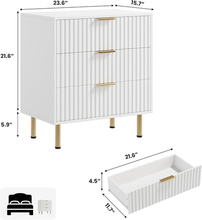 White 3 Drawer Dresser for Bedroom, Fluted Modern Nightstand with Deep Drawers, Chest of Drawers with Wide Top, Wooden Dresser Organizer, Side Table for Living Room, Hallway, Kids Room