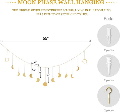 Mkono Moon Phase Wall Hanging Boho Aesthetic Room Decor Metal Moons Garland Hanging Art Bohemian Home Decoration for Girls Room Nursery Bedroom Livingroom Dorm, Ideal, Gold, 55"