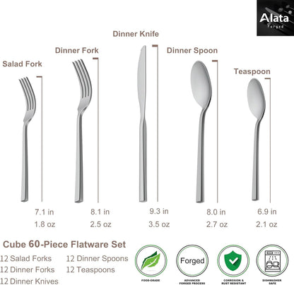 Alata Cube 60-Piece Forged Stainless Steel Flatware Set Cutlery Set, Silverware Set Service for 12, Mirror Finish, Dishwasher Safe