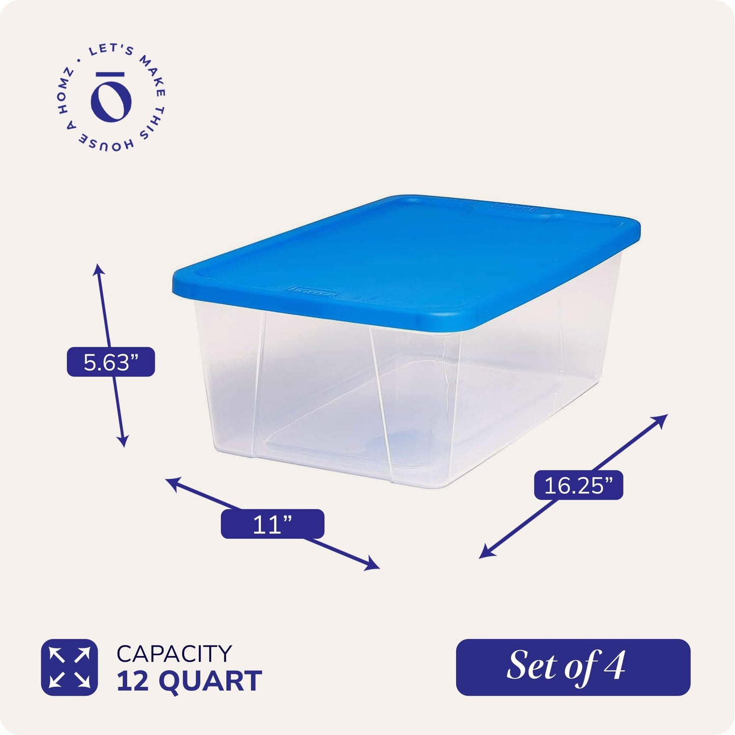 HOMZ 4-Pack Snaplock, Small Clear Plastic Storage Organizer Bins w/Lids, 12 Quart, Blue - Stackable
