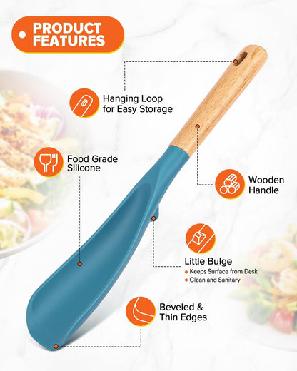 Cooking Spoon and Scraper for Nonstick Cookwares, Great for Cooking and Serving Durable BPA-Free Matte Silicone, Wood Handle Multifunction Spoon for Mixing, Scoop, and Scrape (BLUE)