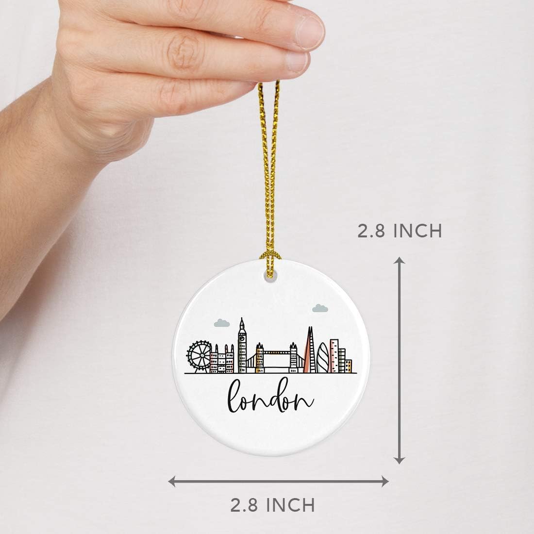 Andaz Press Round Ceramic Porcelain Christmas Tree Ornament Keepsake Gift, London, Colorful International City Skyline Graphic, 1-Pack, Birthday Ideas Family Coworker Him Her, Gift Box