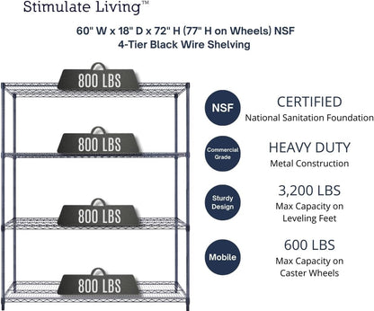 60"x18"x72" Prime Heavy Duty Black 4-Tier Wire Shelving NSF 3200 LBS MAX Capacity Storage Rack for Commercial, Hospital, School, Garage, and Kitchen Uses (with Wheels)