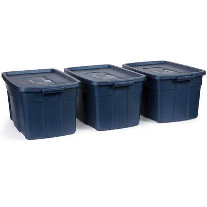 Rubbermaid Roughneck Tote 31 Gal, 3 Pack, Made in USA, Dark Indigo Metallic, Rugged Plastic