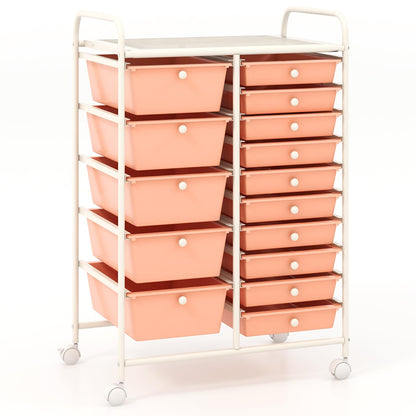 COSTWAY 15 Drawer Rolling Storage Cart, Mobile Utility Cart with Lockable Wheels, Drawers