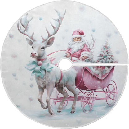 Christmas Tree Skirt - 36 Inch Santa Claus Pink Reindeer Xmas Tree Mat for New Year Party Decorations