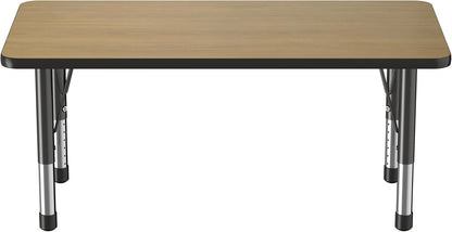 Factory Direct Partners FDP Rectangle (24 x 48 inch) Classroom Table with Adjustable Chunky Toddler Legs (15-24 in); Preschool, Kinder and Daycare Furniture - Pasadena Oak Top/Black Edge and Legs