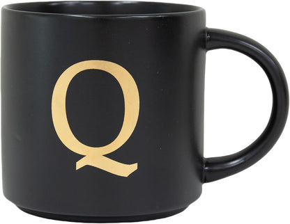 COLLECTIVE HOME - Monogram Ceramic Mugs, 15 oz Golden Initial Black Coffee Cups, Elegant Alphabet Tea Mugs, Elegant Personalized Mug with Gift Box, Unique Mug with Double Side Capital Lette (Q)