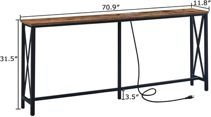 SUPERJARE 70 Inch Console Table with Outlets and USB-C Port, Extra Long Behind Couch Sofa Table with X-Shaped Design, Narrow for Entryway, Living Room, Metal Frame, Wooden Top, Rustic Brown