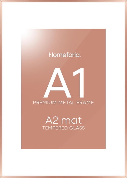 Homeforia A1 Poster Frame Rose Gold, High End Metal A1 Large Picture Frames with Mat A2 Photo, 23.4 x 33.1 Frames Matted to 16.5 x 23.4 Print, 23.4x33.1 Thin Frames, Tempered Glass, Wall Kit, Set of 1