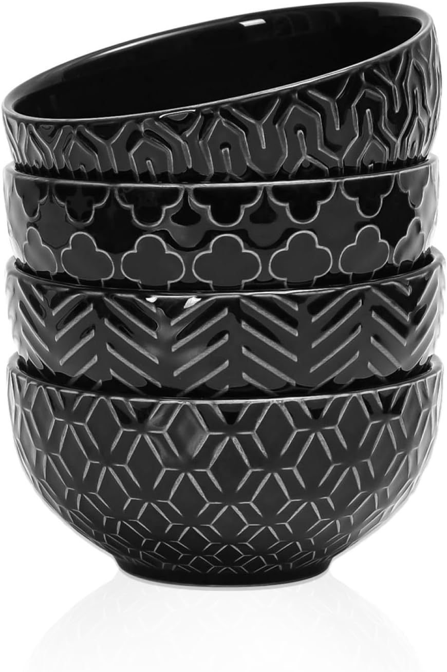 Sureasy Ceramic Ice Cream Bowls, 12oz Embossed Dessert Bowls Set, 4.6 Inch Stoneware Small Bowls for Snack, Sauce, Fruits, Microwave and Dishwasher Safe, Set of 4, Black