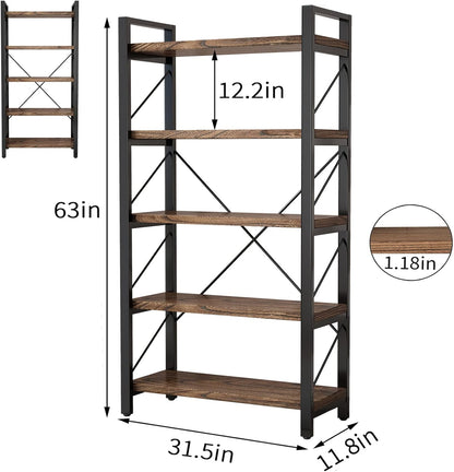 5 Tier Bookshelf Rustic Solid Wood Industrial Style Bookcase,Metal and Real Wood Vintage Bookshelf,Book Shelves Home Office, Retro Brown,Dark Matching credenza(LZ01-05tier) (5Tiers)