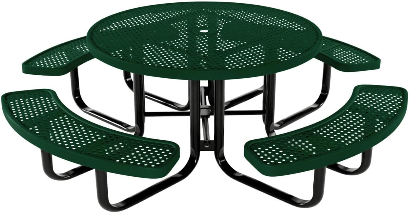 Coated Outdoor Furniture Heavy-Duty Portable Outdoor Kids Table with Umbrella Hole, Punched Steel Kids Picnic Table, Commercial-Grade, Made in America (46 In, Round, Childrens, Green)