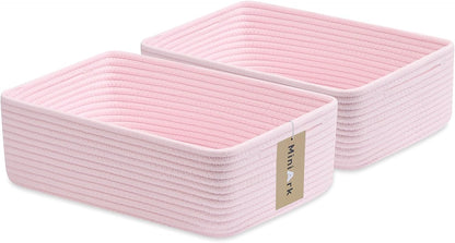 Large Shallow Organizing Baskets 15x11x5.1 Inches - Rope Woven Storage Bins for Bathroom, Shelves, Cube Closet, Light Pink 2 Packs