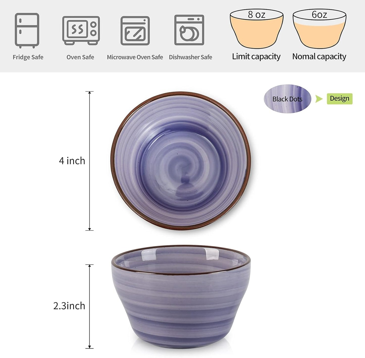 Selamica Ceramic 8oz Bouillon Cups 4 Inch Small Dessert Bowls for Soup Dipping Sauce Coffee Cupping, Microwave Dishwasher Safe, Set of 6, Gradient Color