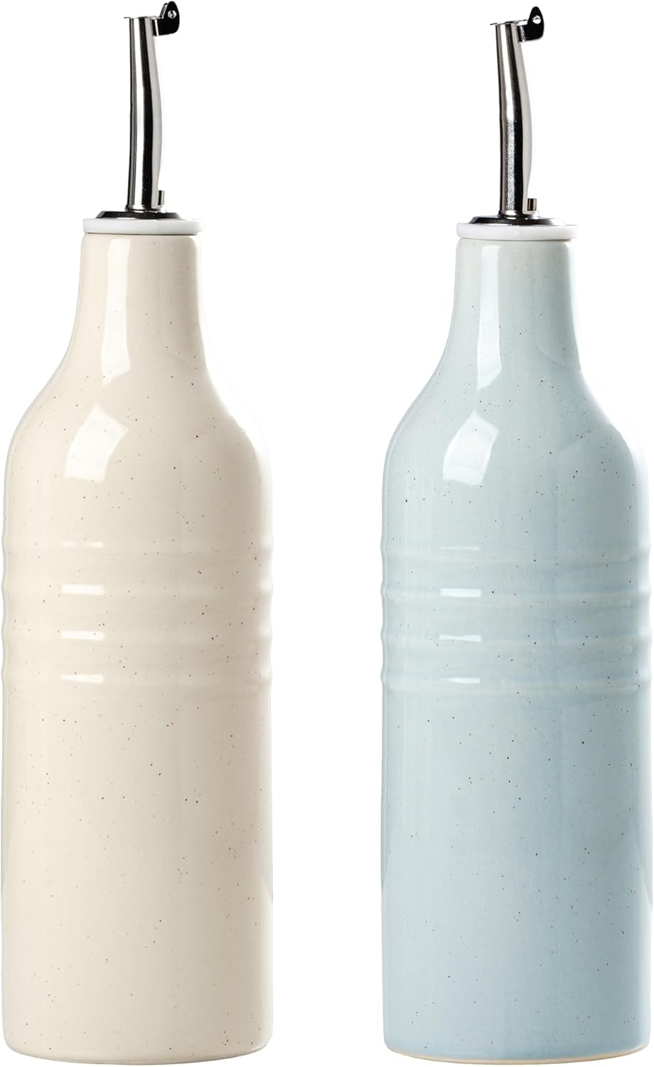 famiware Jupiter 16oz Ceramic Olive Oil Dispenser Bottle, Olive Oil and Vinegar Dispenser Bottle Set of 2 with Stainless Steel Pourers, Suitable for Storage Vinegar, Light Blue & Vanilla White
