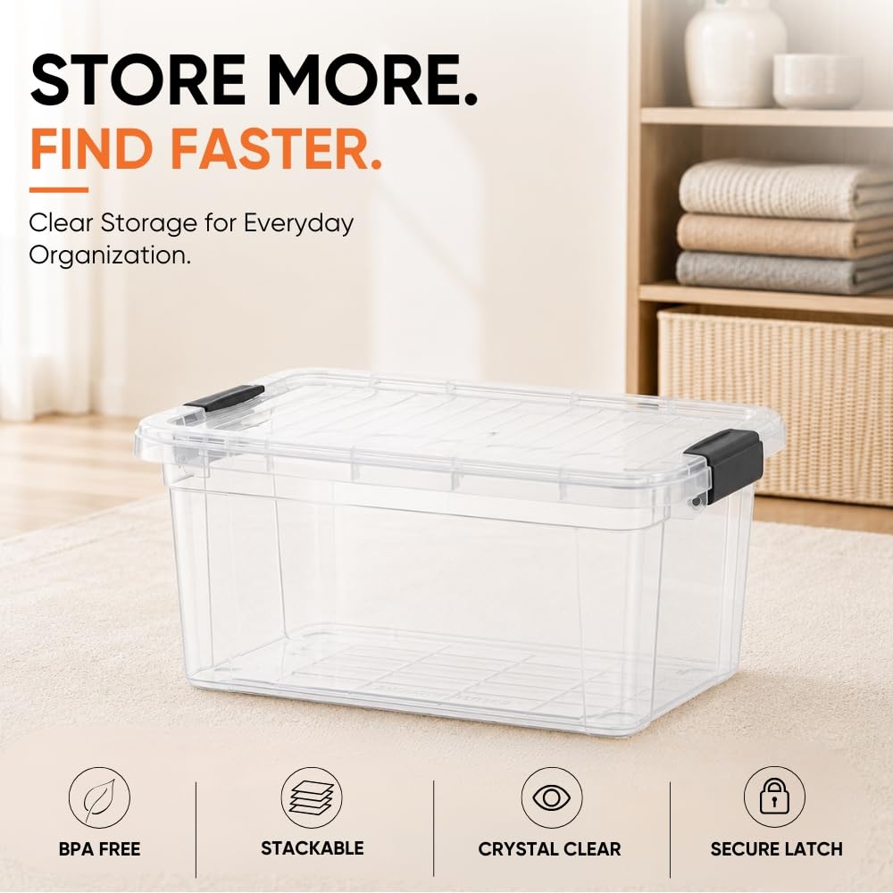 Superio Deep Storage Organizer Bin with Lid X-Deep Small Clear Storage Box with Latch for Home