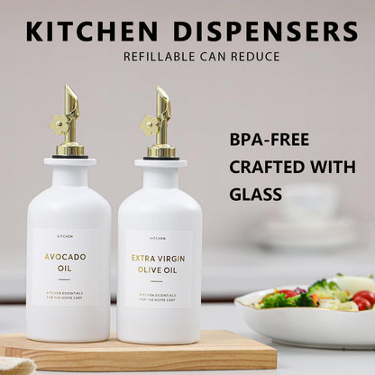 HOMCDALY Olive Oil Dispenser for Kitchen, 11.8oz Glass kitchen Dispenser Bottle, Gold Oil&Vinegar Cruet Set, Leakproof Oil Containers for Cooking| Set of 2 (11.8oz – Gold)